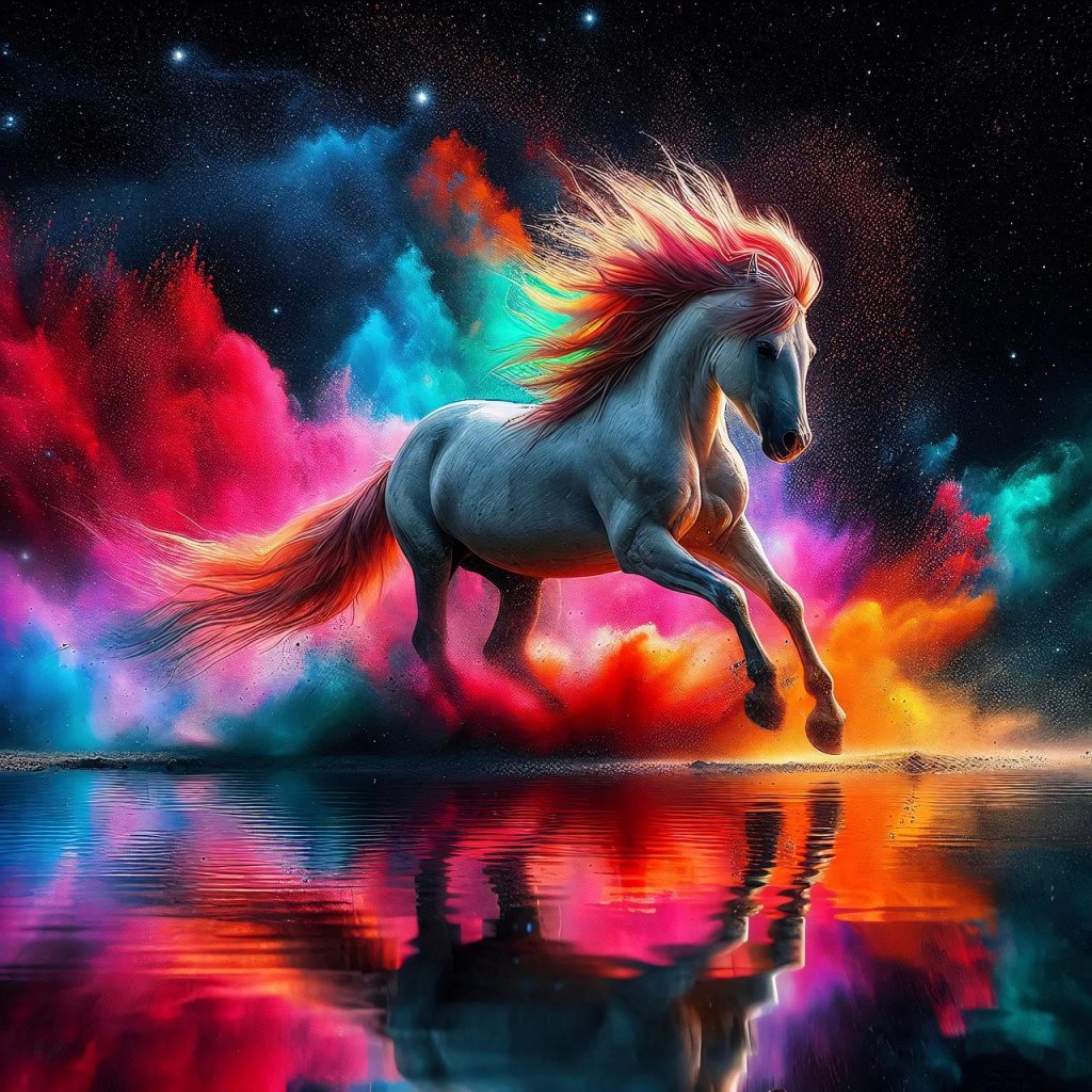 ai generated, horse, fantasy, nature, magic, white horse, running, water, colors, smoke, animal-8734680.jpg