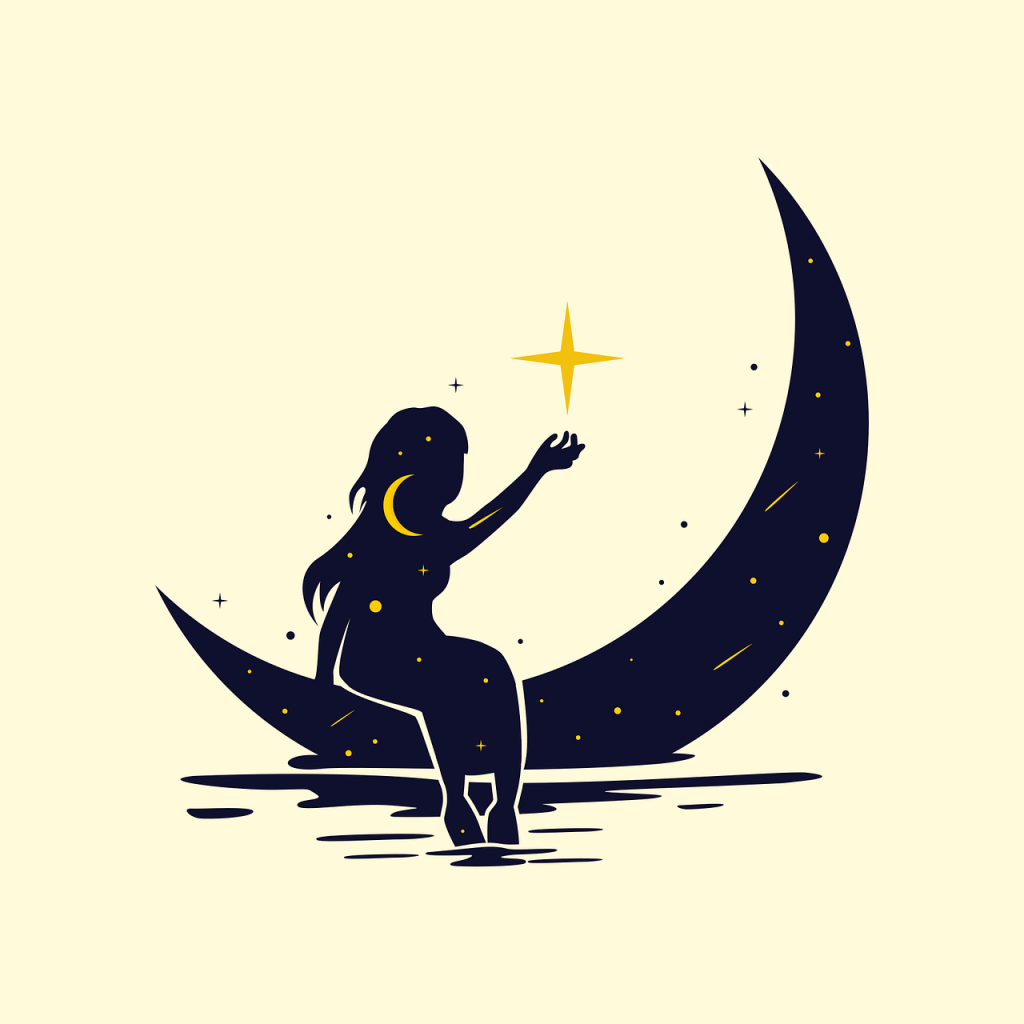 moon, stars, girl, sit, alone, water, dream, nature, mind, thinking, idea, art-8915307.jpg