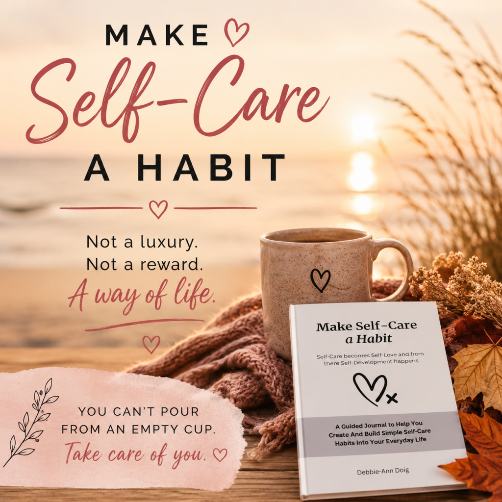 Make self-care a habit relaxing vibe with blanket coffee cup and journal